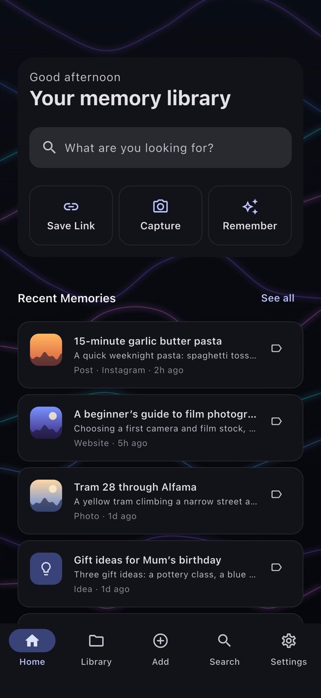 The RYMVI home screen: a search bar, your categories (Posts, Videos, Photos, Websites and more) and your most recent memories.
