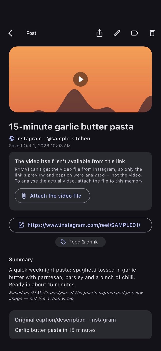 A saved Instagram post in RYMVI: the original link, its AI summary, and a clear note that only the caption and preview image were analysed — with a button to attach the real video file.